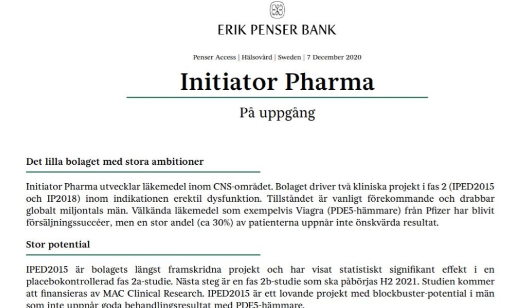 Aktieanalys på Initiator Pharma från Penser Access