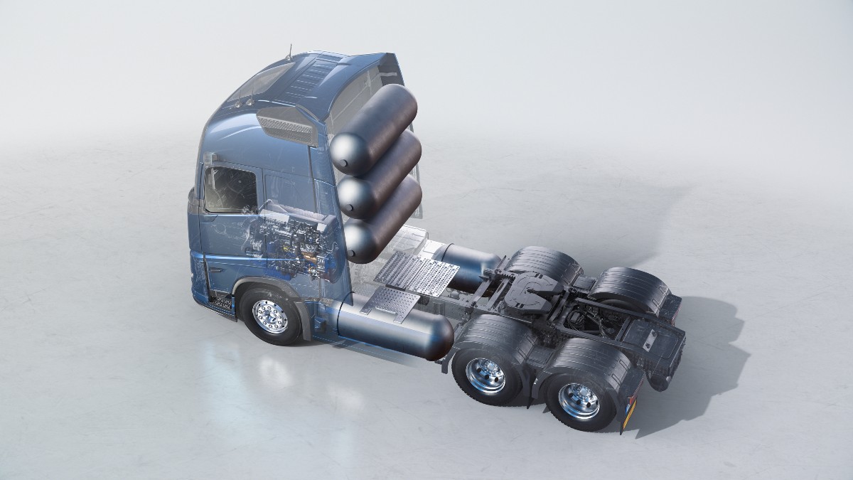 Volvo-lastbil med förbränningsmotor som använder vätgas