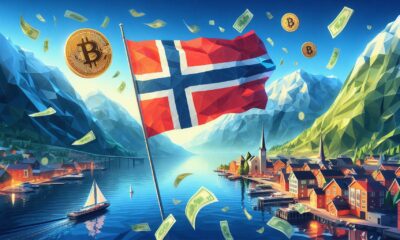 Fjord med norsk flagga och bitcoin