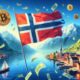 Fjord med norsk flagga och bitcoin