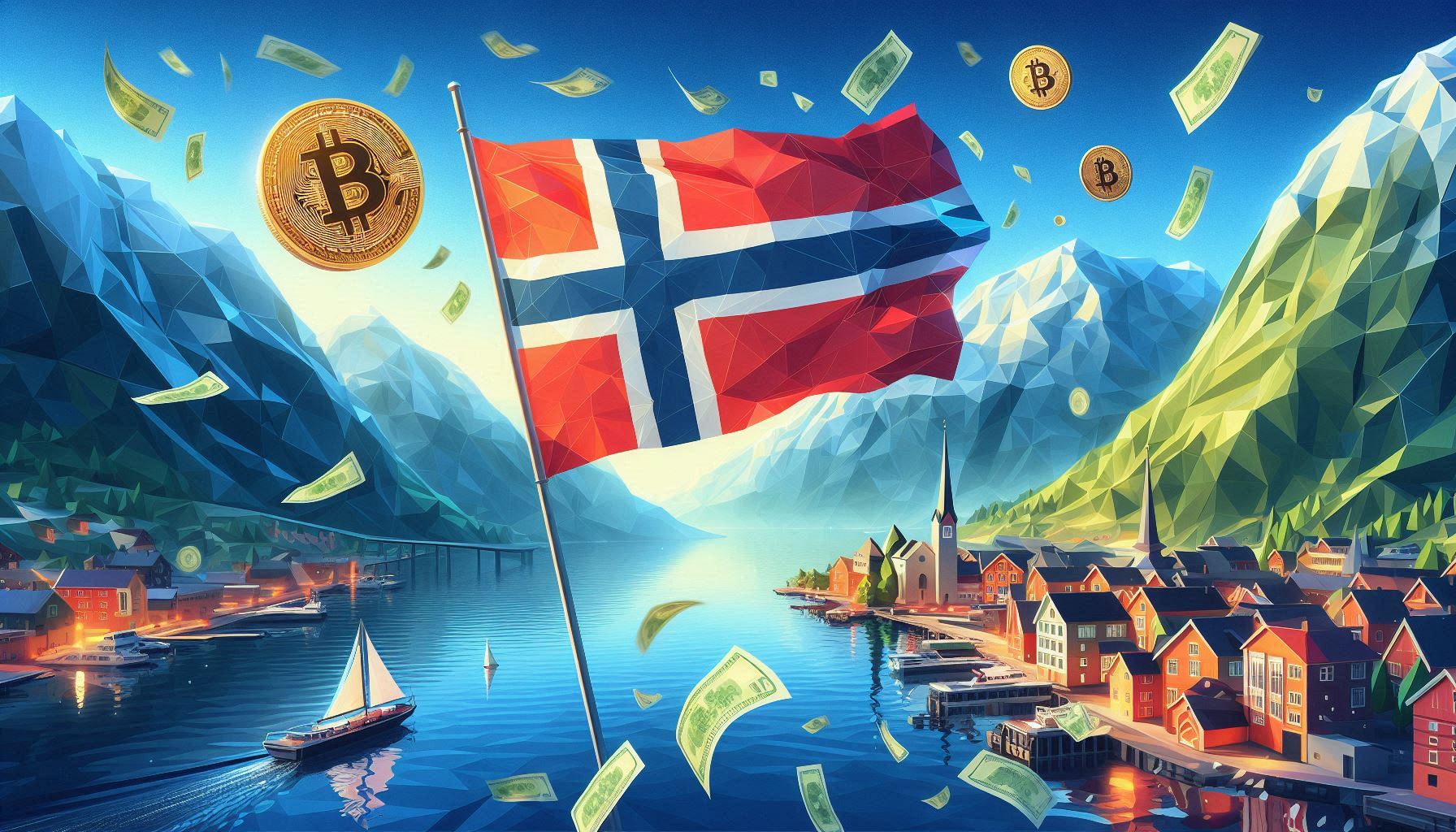 Fjord med norsk flagga och bitcoin