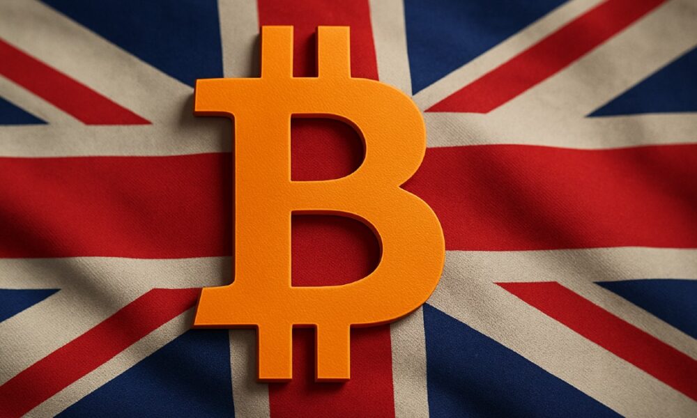 Brittisk flagga med bitcoin-symbolen framför