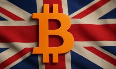 Brittisk flagga med bitcoin-symbolen framför