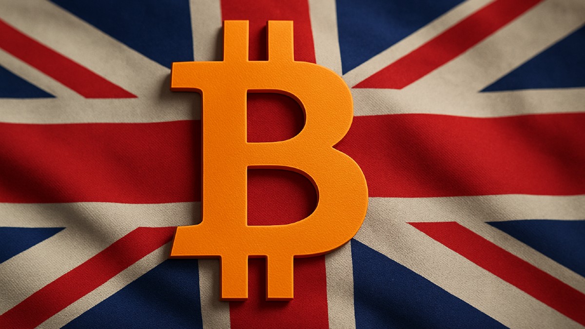 Brittisk flagga med bitcoin-symbolen framför