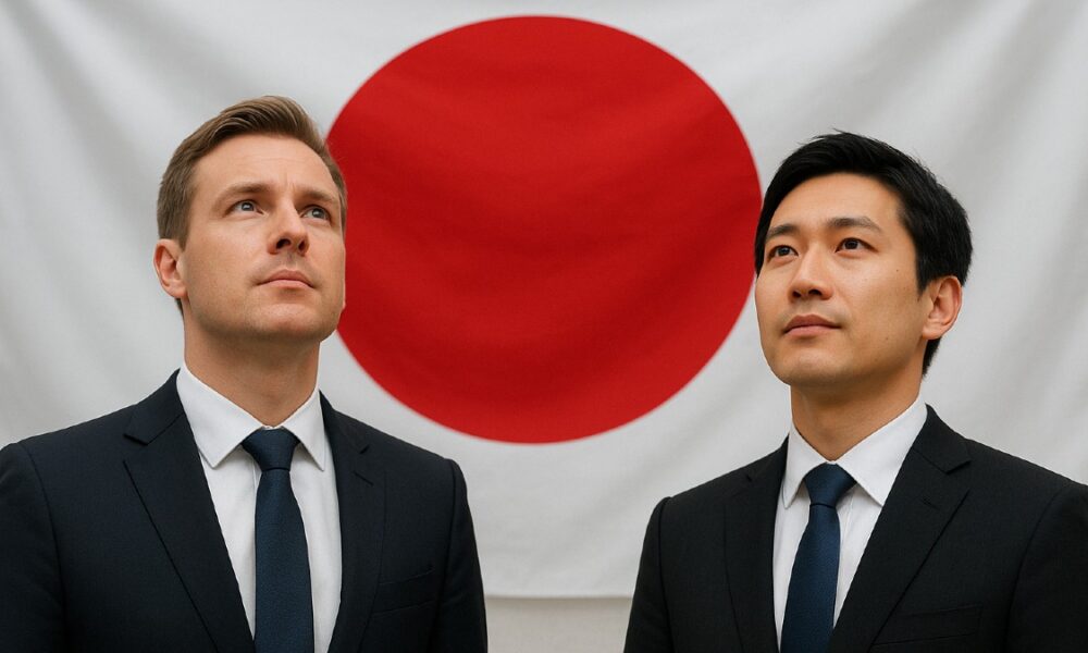 Två investerare blickar uppåt med japanska flaggan i bakgrunden