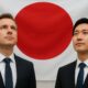 Två investerare blickar uppåt med japanska flaggan i bakgrunden