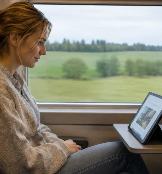 Kvinna åker tåg och tittar på en iPad