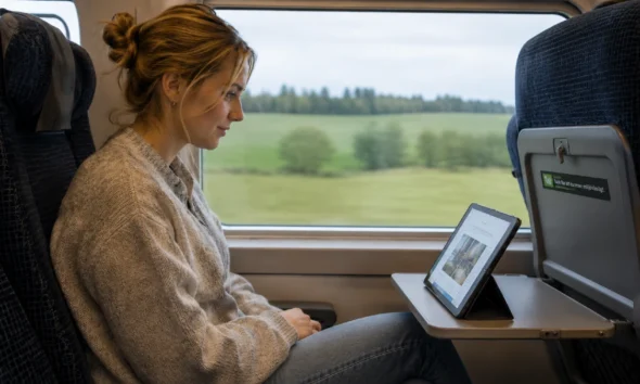 Kvinna åker tåg och tittar på en iPad