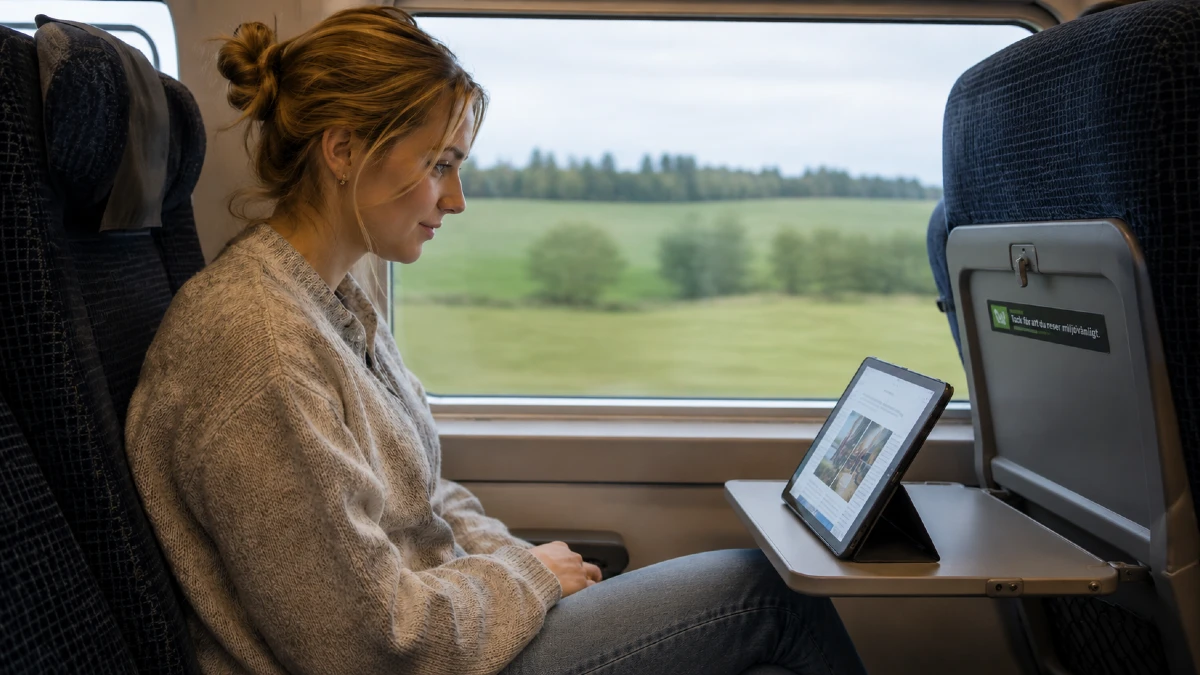 Kvinna åker tåg och tittar på en iPad